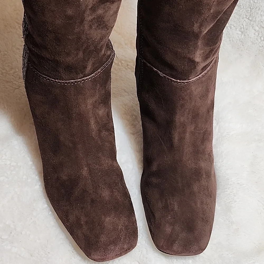 Tory Burch Uma Brown Genuine Suede Knee High Full Zip Trim Riding Boots Sz 7 - Picture 9 of 16